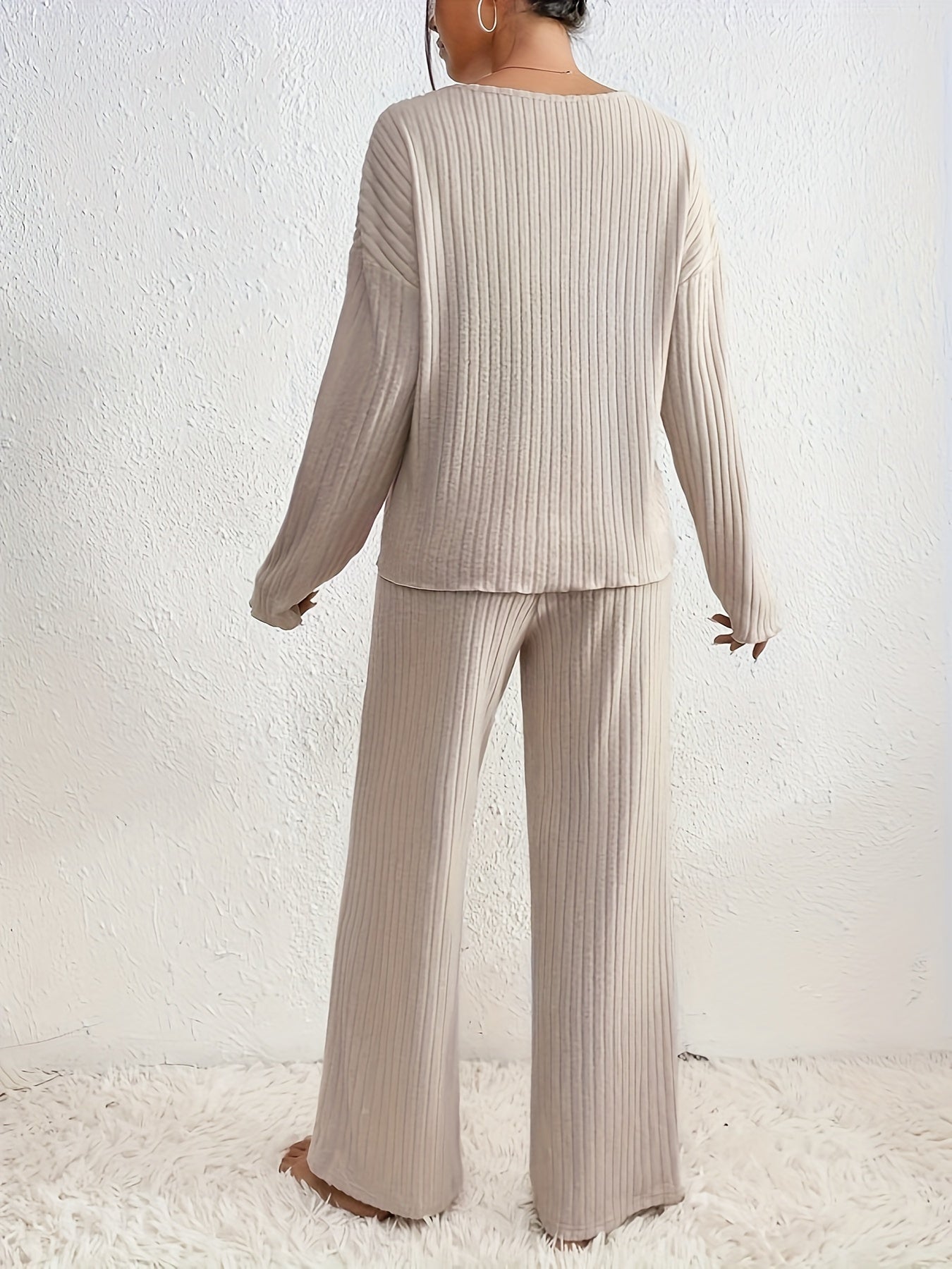  Solid Long Sleeve Lounge Set V-Neck Ribbed Knit Top & Pants Pajama Set