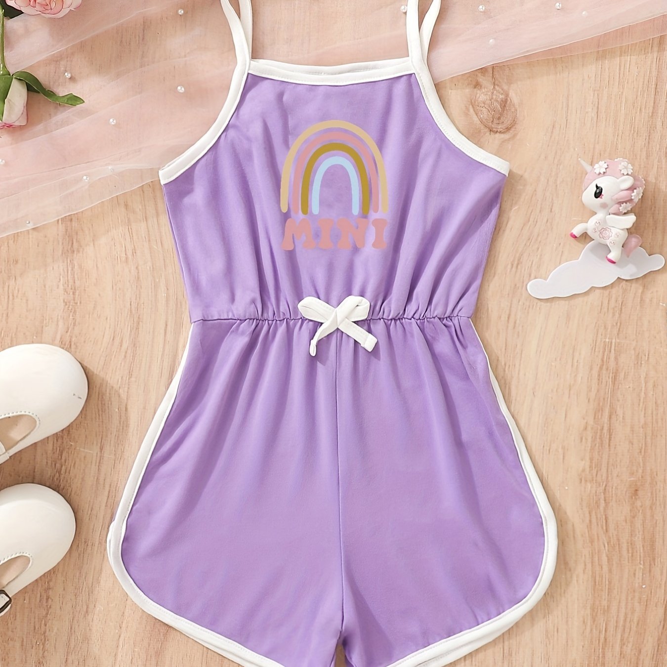 Toddler Girls Rainbow Graphic Bow Front Cami Rompers Jumpsuits