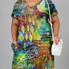  Allover Print Short Sleeve Round Neck Dress With Pockets