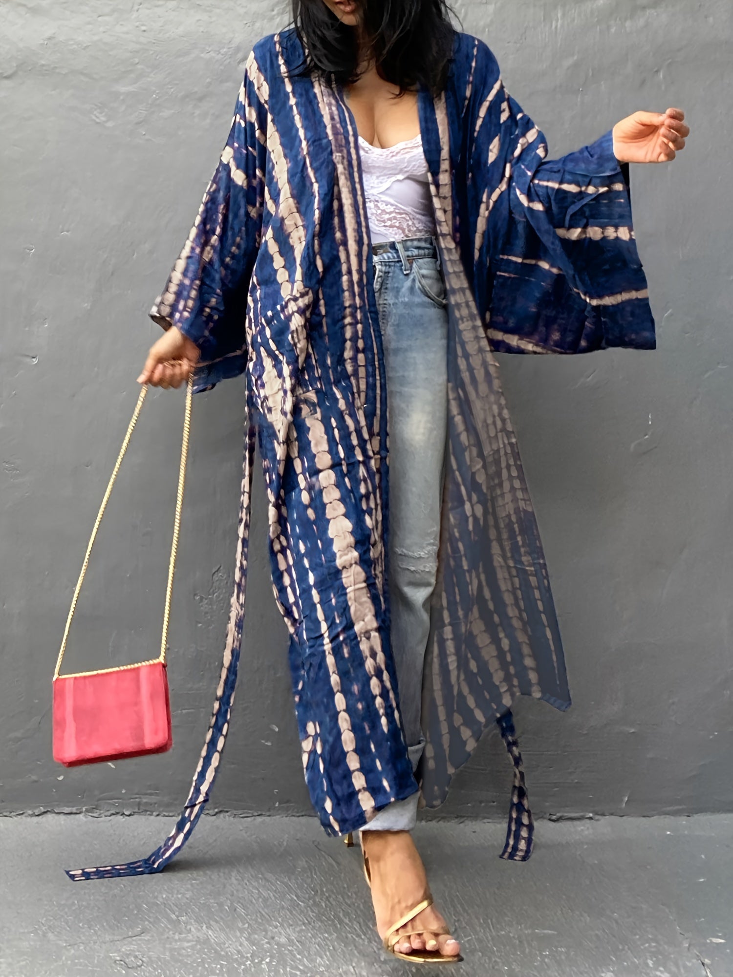 Tie Dye Striped Batwing Sleeve Maxi Beach Cover Up