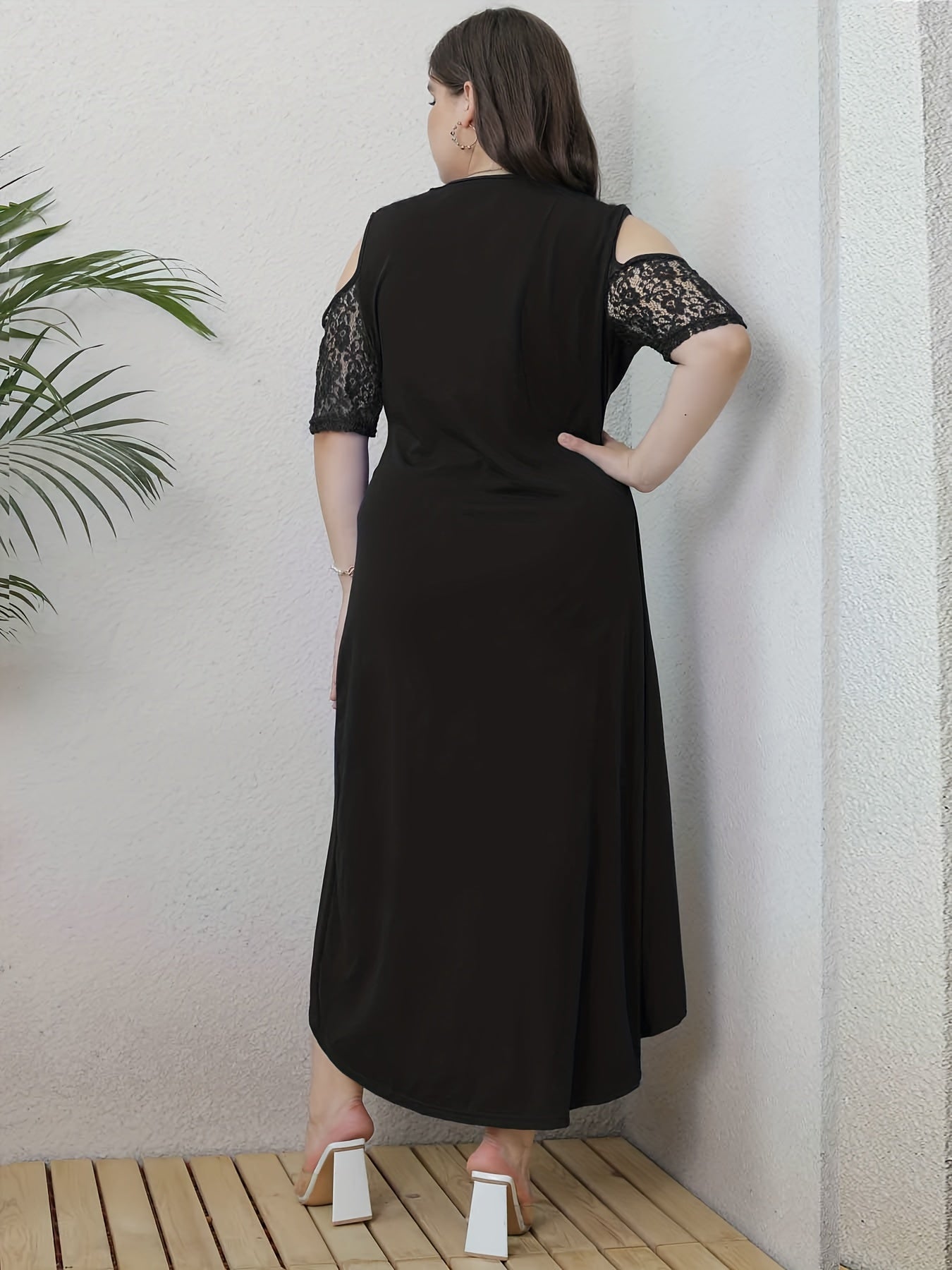  Floral Jacquard Lace Cold Shoulder Dress