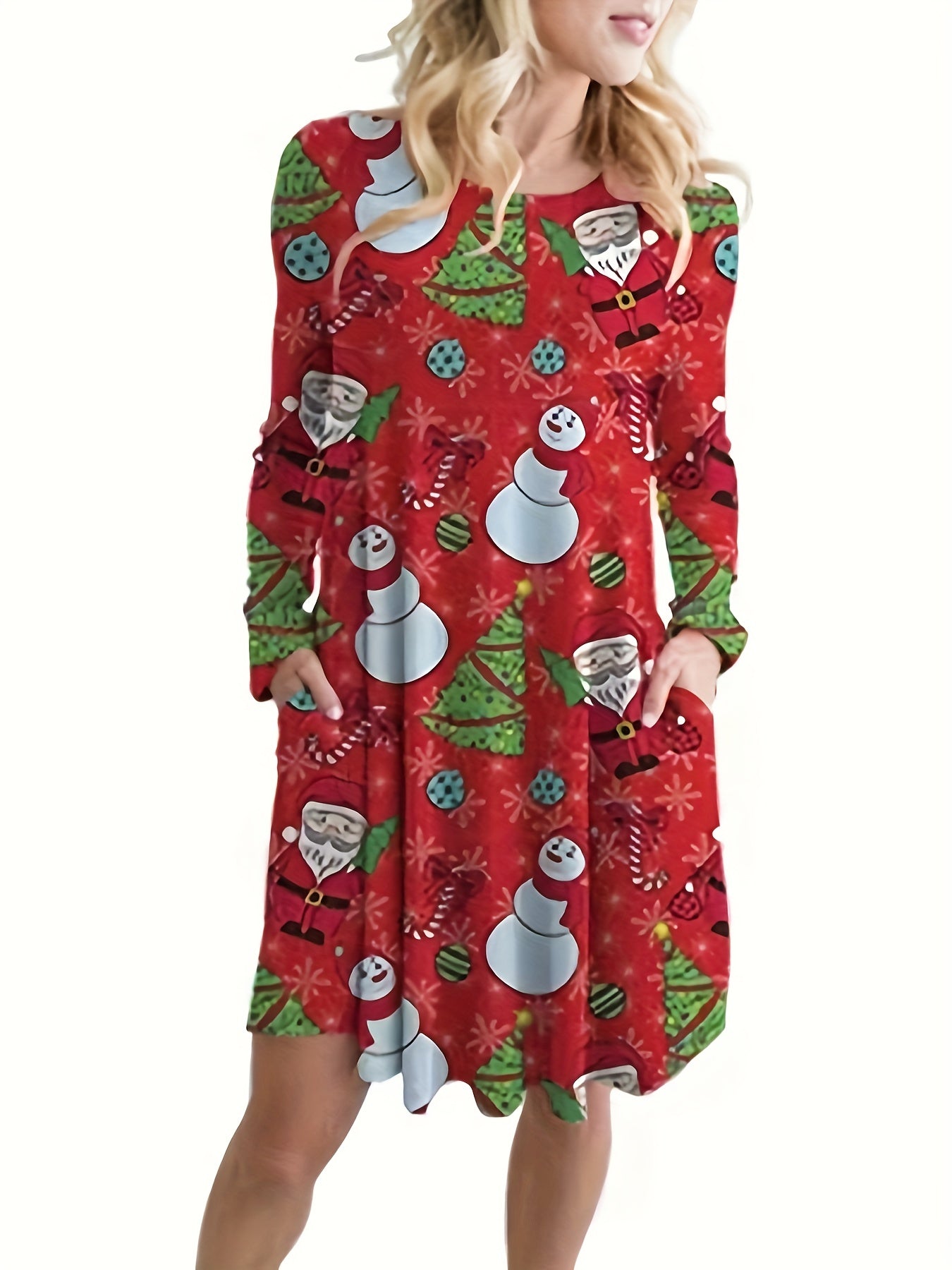  Christmas Casual Dress Women's Plus Christmas Tree & Snowman Print