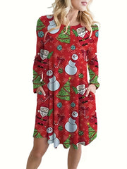  Christmas Casual Dress Women's Plus Christmas Tree & Snowman Print