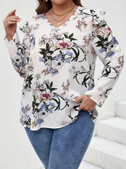  Floral Print Ruffle Trim Long Sleeve V Neck Blouse