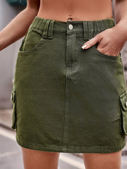 High Waist Denim Skirt Loose Fit High Rise Flap Pockets