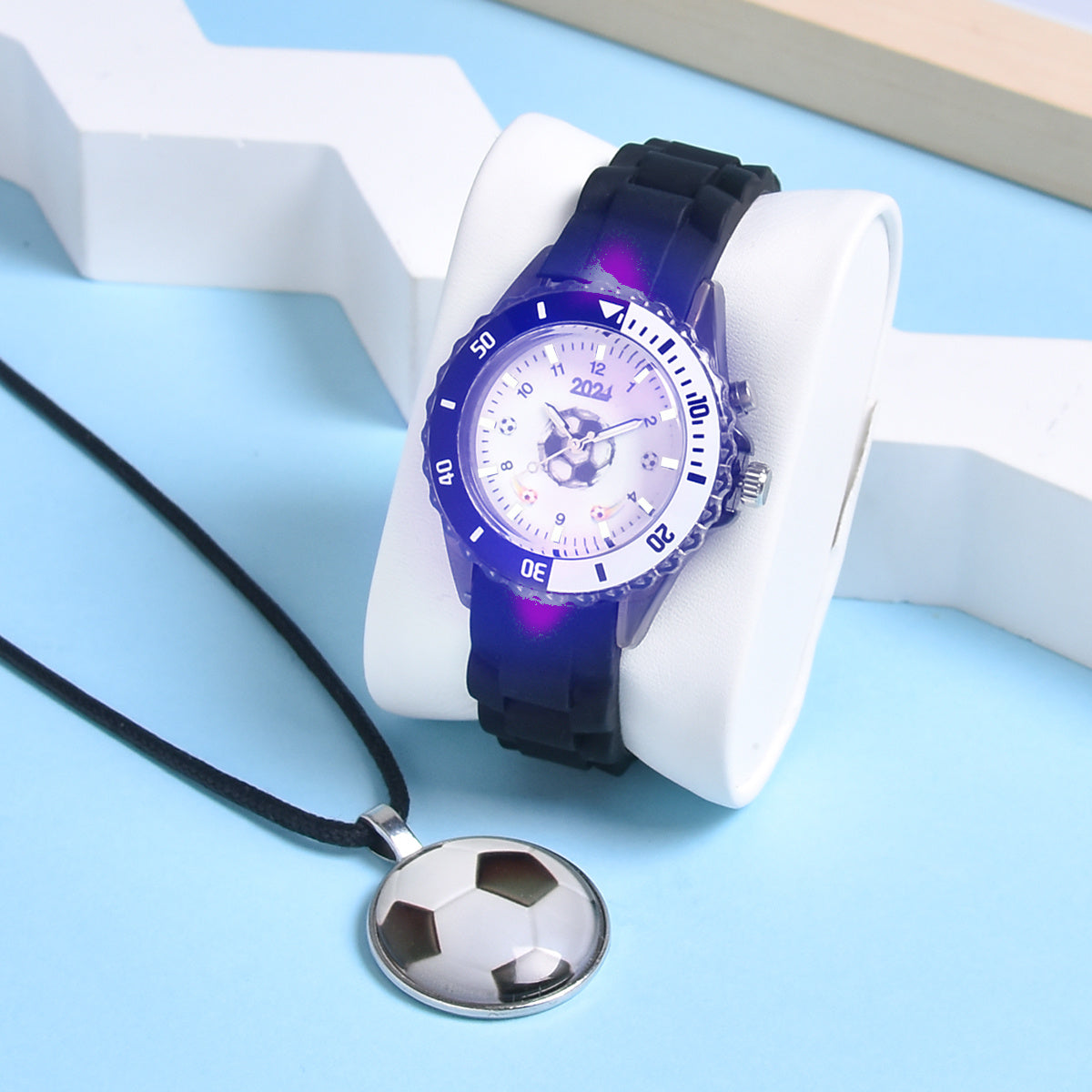 Boys Football Luminous Quartz Watches Set with Pendant Necklace