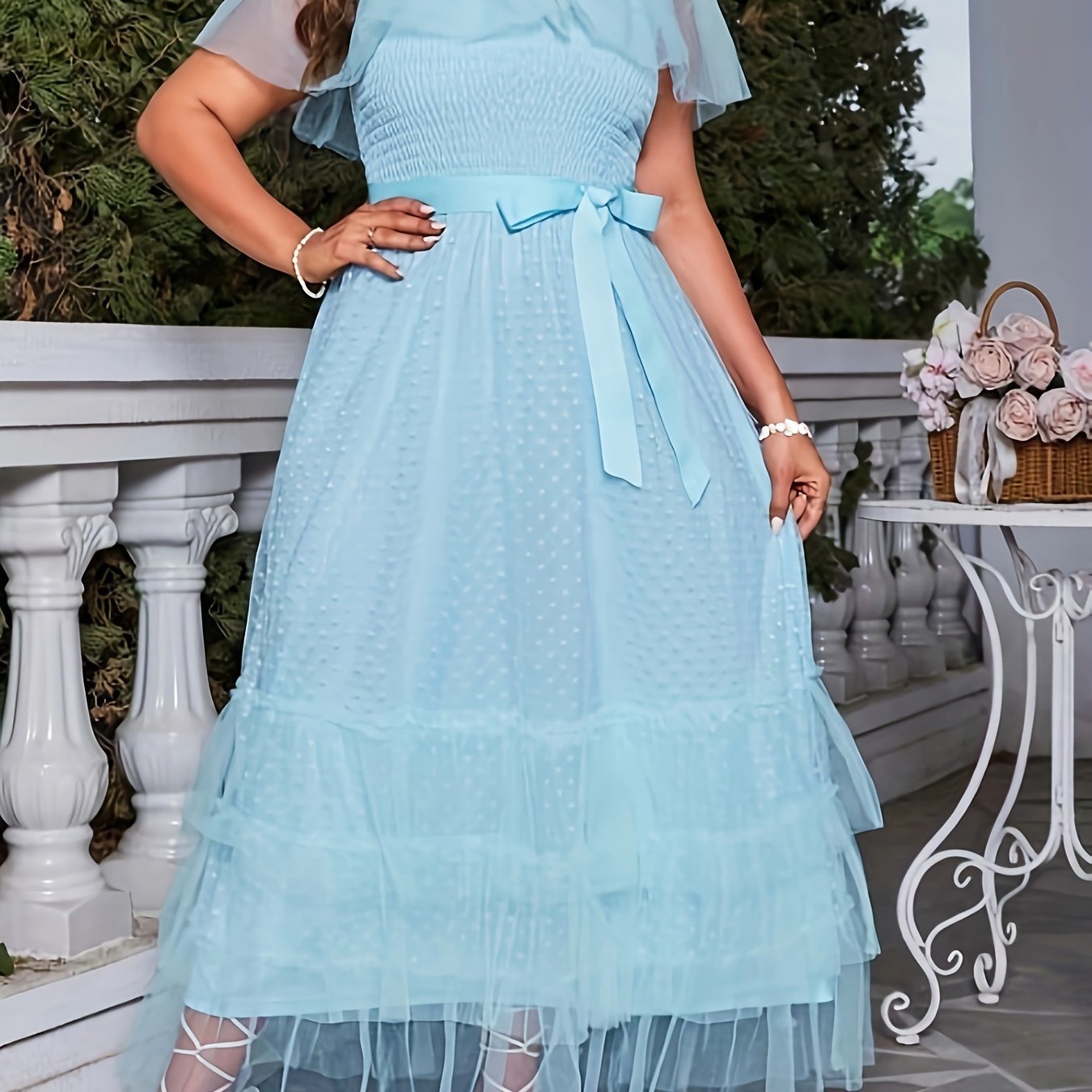  Polka Dot Mesh Off Shoulder Ruffle Trim Maxi Dress