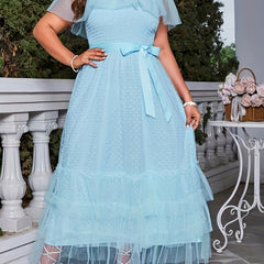  Polka Dot Mesh Off Shoulder Ruffle Trim Maxi Dress
