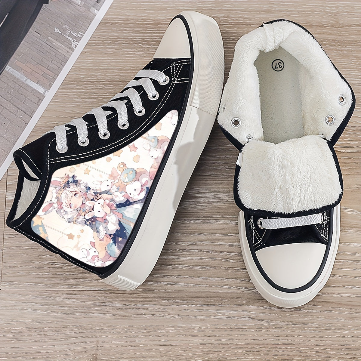 Anime Plush Lined Chunky Canvas Sneakers Flat Heighten Fall Winter Warm