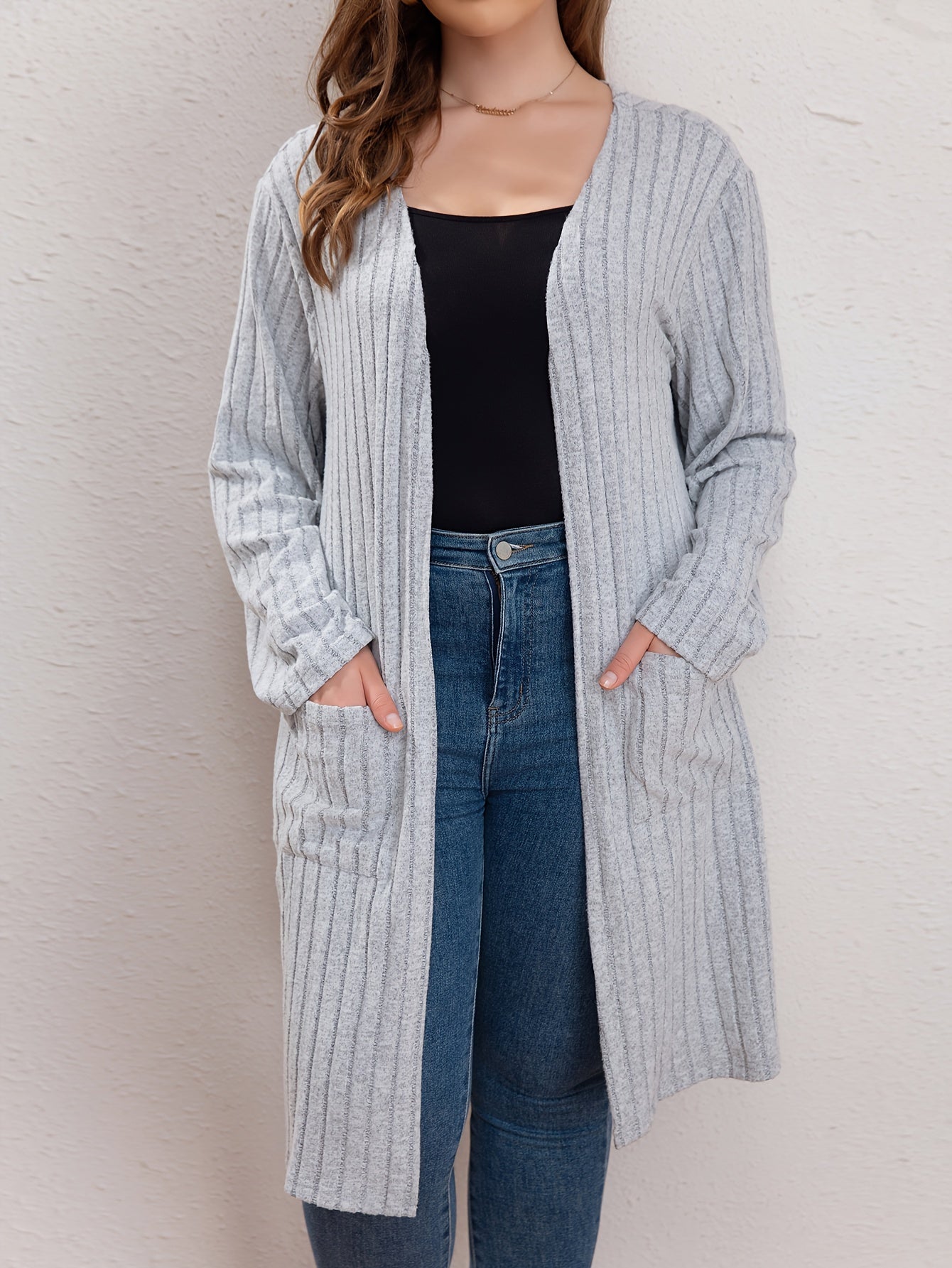  Casual Cardigan Women's Plus Solid Long Sleeve Open Front Cardigan