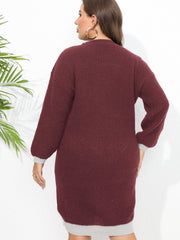  Colorblock Lantern Sleeve V Neck Midi Sweater Dress