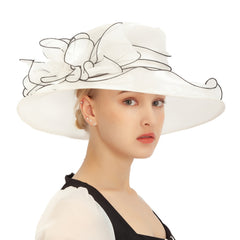 Women's Wide Brim Fedora Cap Mesh Sun Hat Leaf Flower Bridal Wedding Hat