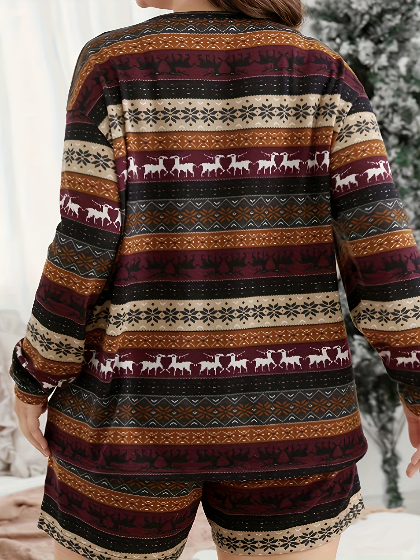  Christmas Lounge Set Elk & Stripe Print Tee & Shorts Pajamas