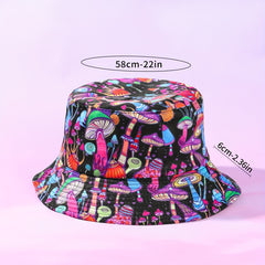 Mushroom Print Bucket Hat Casual Foldable Basin Hat Sunscreen Fisherman