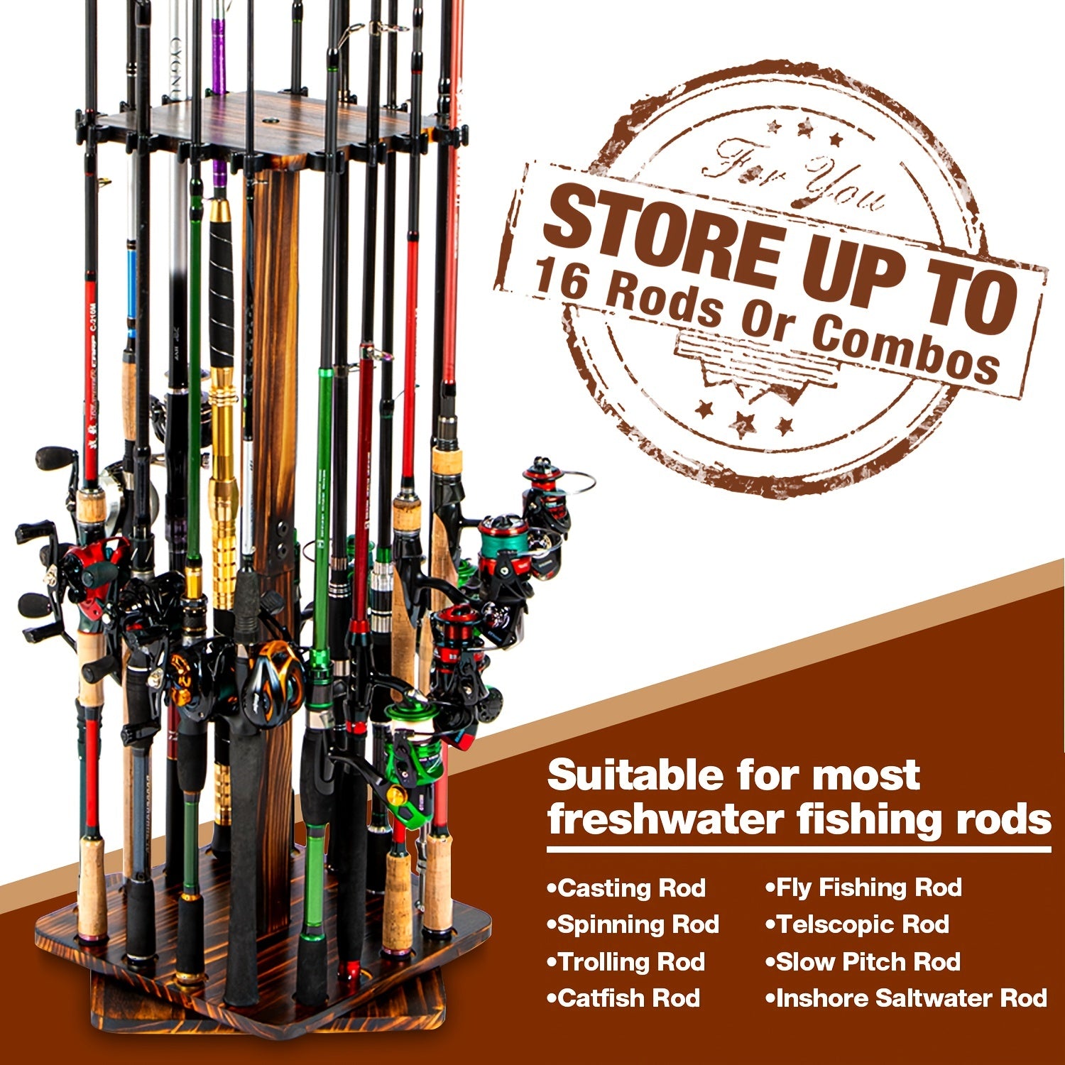 360&deg; Rotating Fishing Rod Holder Rack, Holds 16 Rods, Vertical Storage