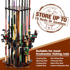 360&deg; Rotating Fishing Rod Holder Rack, Holds 16 Rods, Vertical Storage