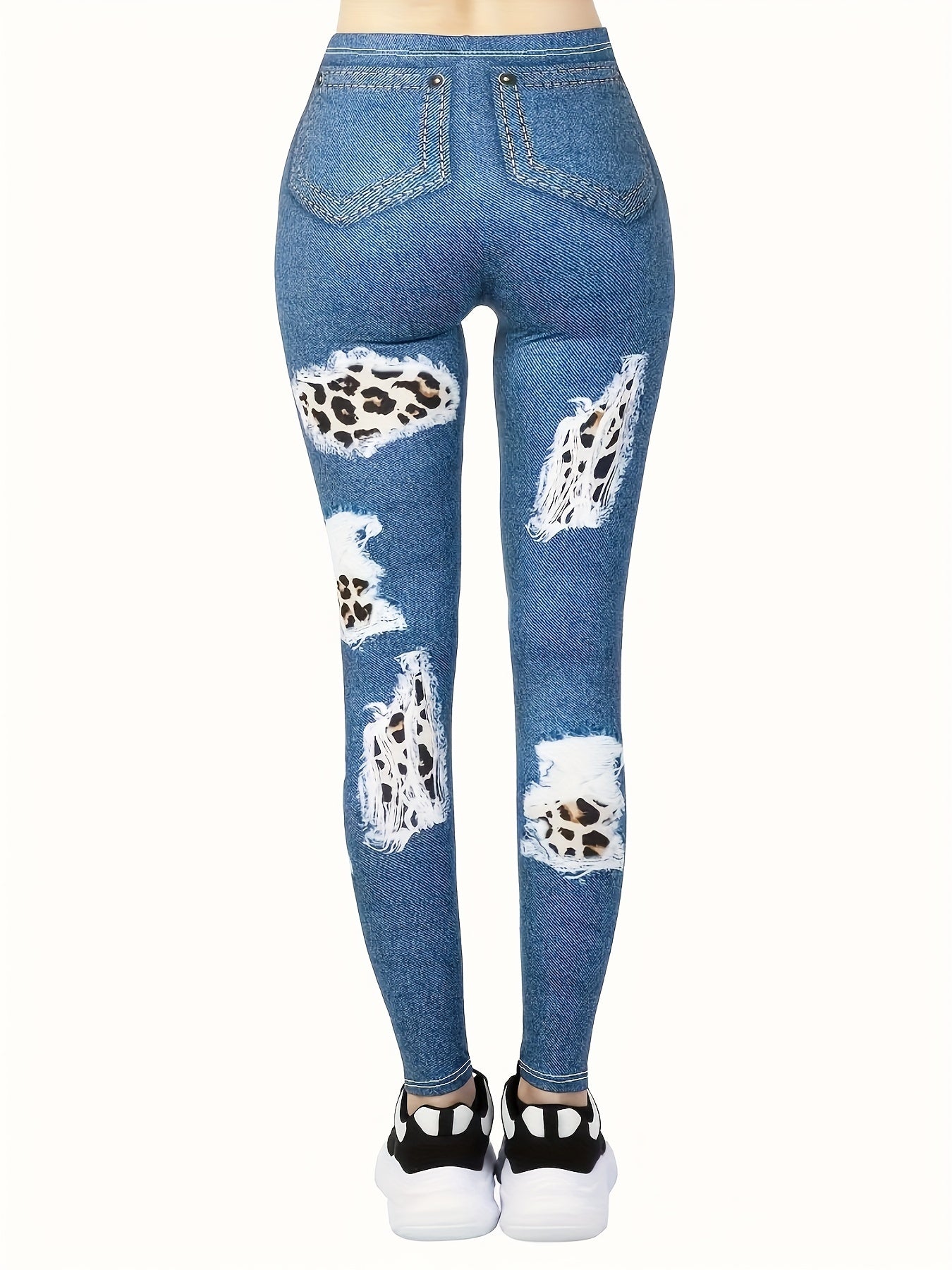  Ribbed Denim & Leopard Print Leggings