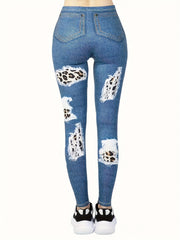  Ribbed Denim & Leopard Print Leggings