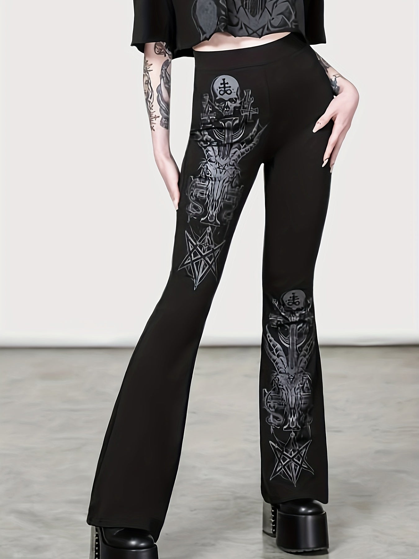  Gothic Pants Women's Plus Graphic Print Flared Leg Trousers