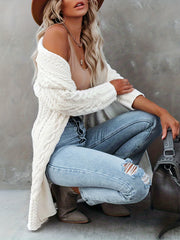  Solid Cable Cardigan Open Front Long Sleeve