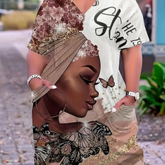 Women's Plus Figure & Butterfly Print Short Sleeve V Neck Tee Dress