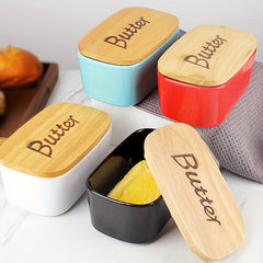 Ceramic Butter Box With Wooden Lid Kitchen Storage Holder