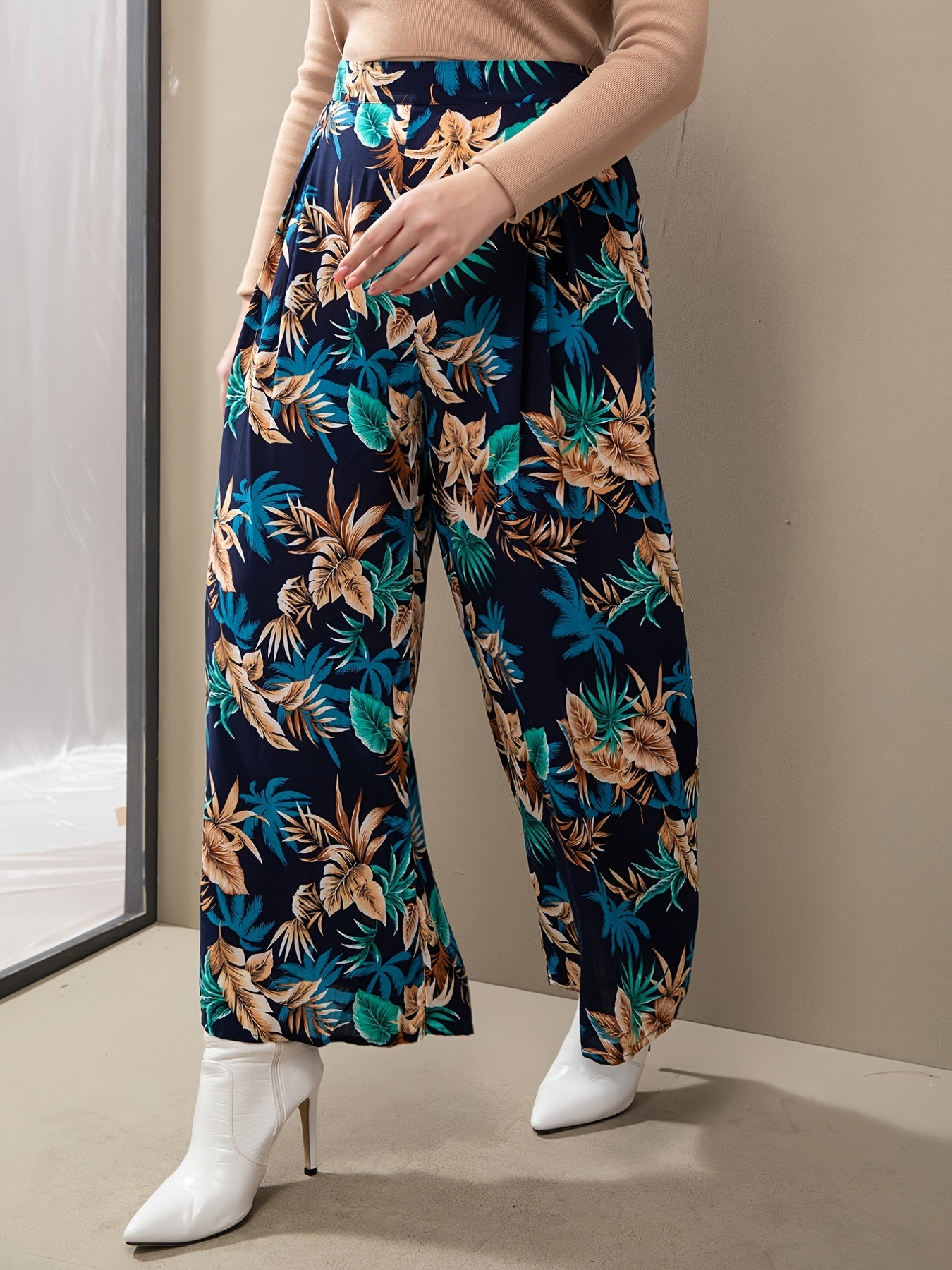 Floral Wide Leg Boot Cut Pants - Plus Size