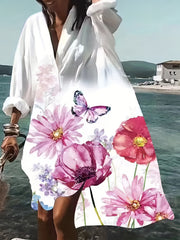  Casual Floral Print Long Sleeve Shirt Dress
