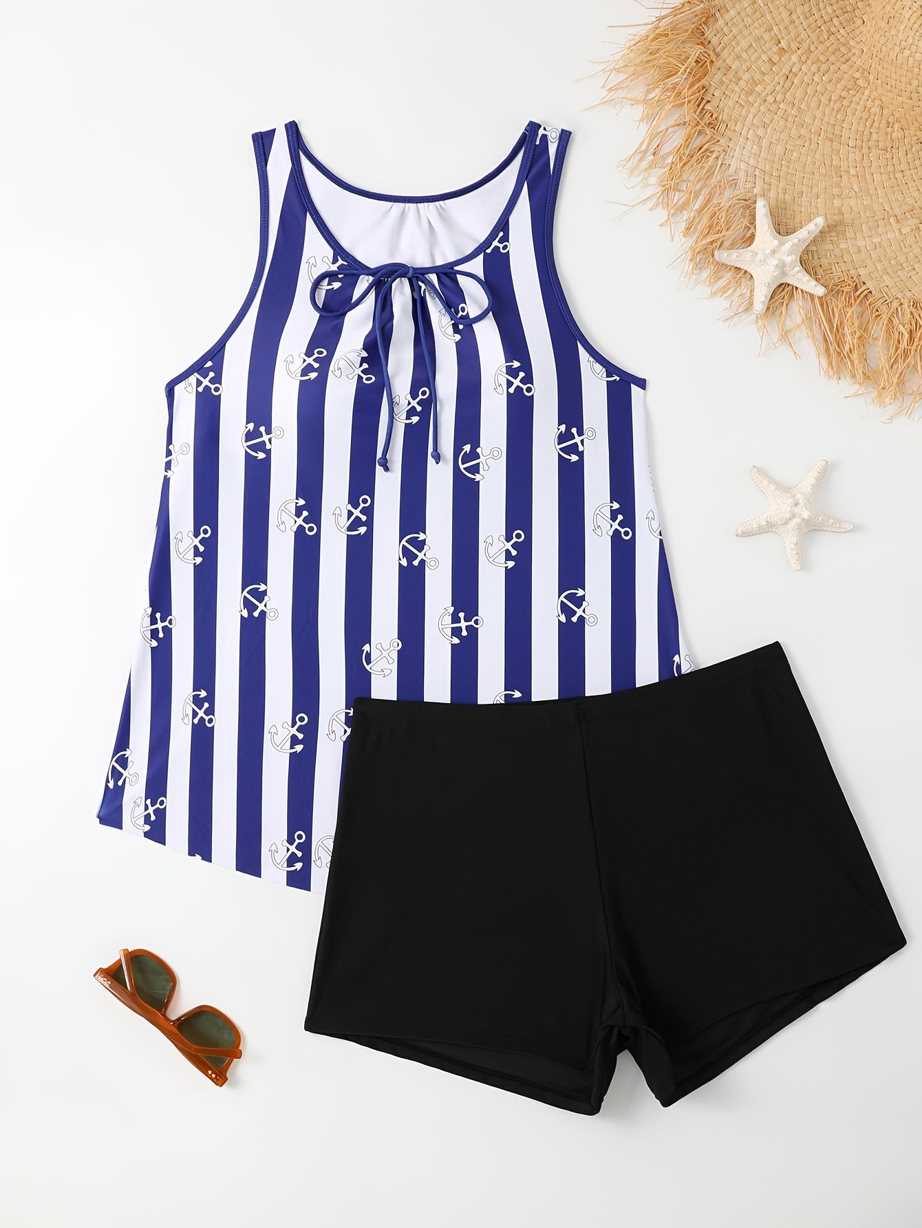  Nautical Stripe Swimsuit Set: Tank Top & Shorts Two Piece Set