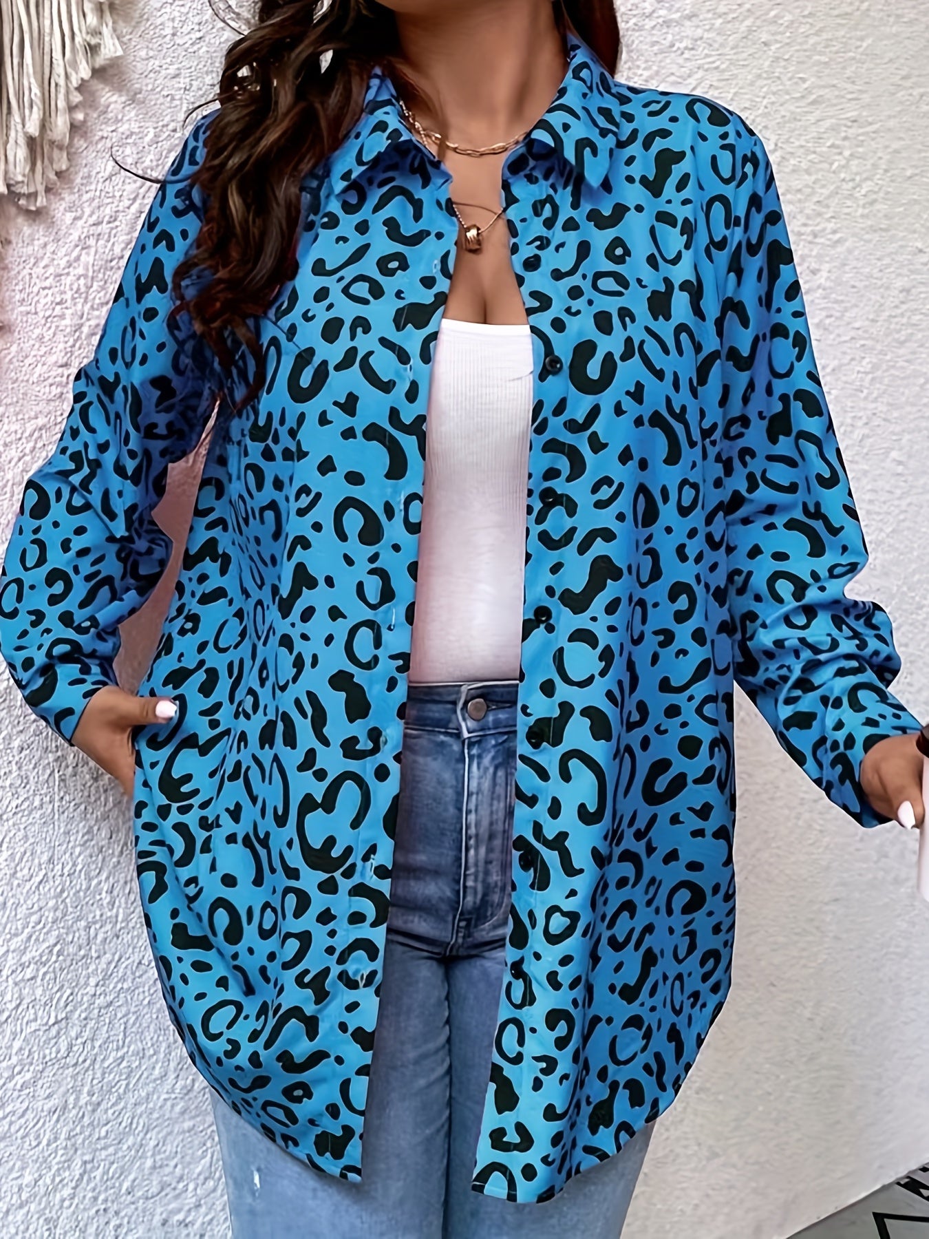  Leopard Print Button Up Long Sleeve Blouse