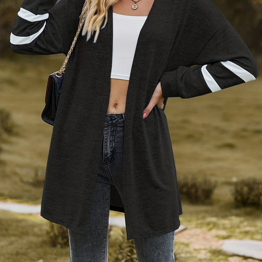  Stripe Print Long Sleeve Open Front Longline Cardigan