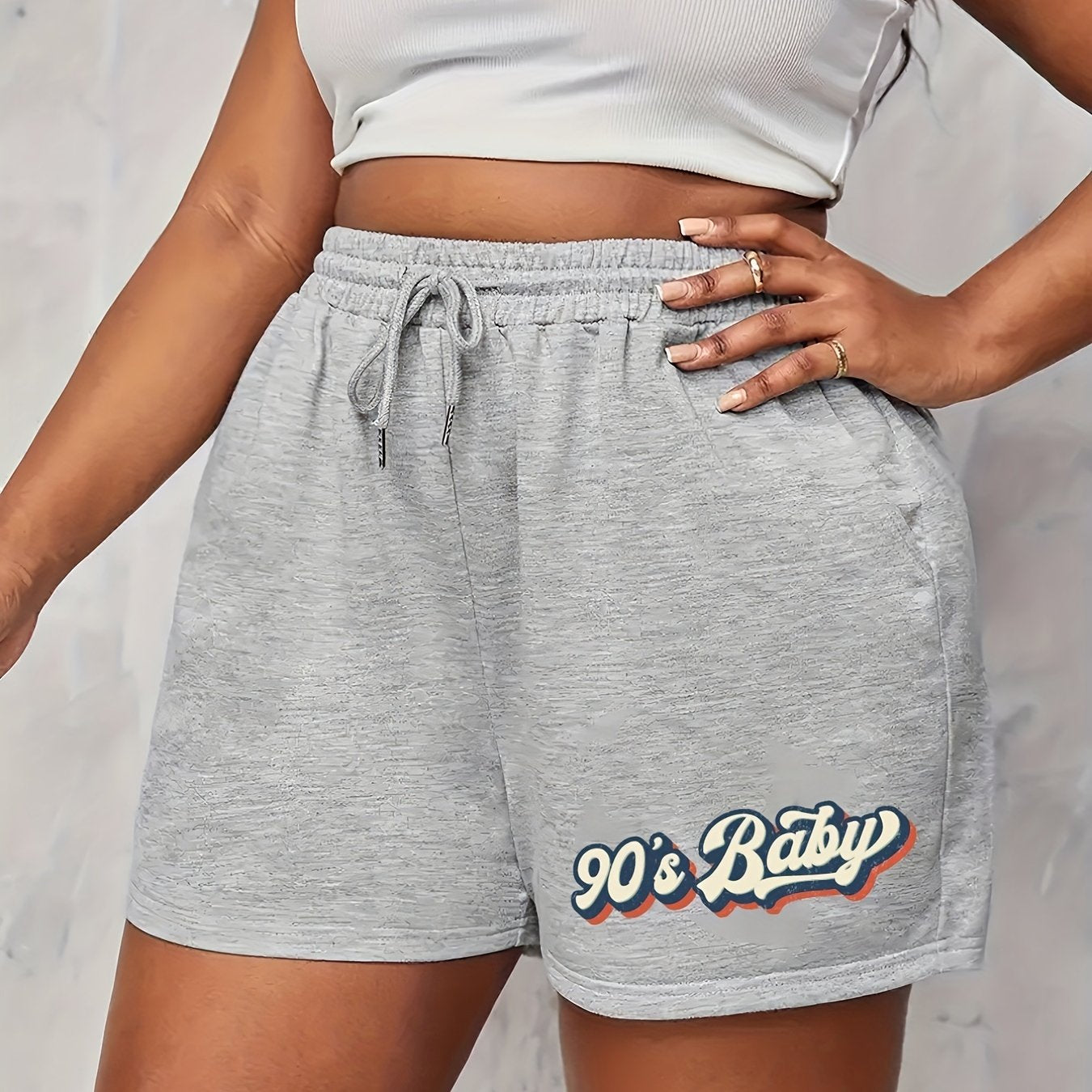  Casual Shorts Women's Plus Letter Print Elastic Drawstring