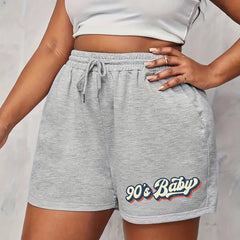  Casual Shorts Women's Plus Letter Print Elastic Drawstring