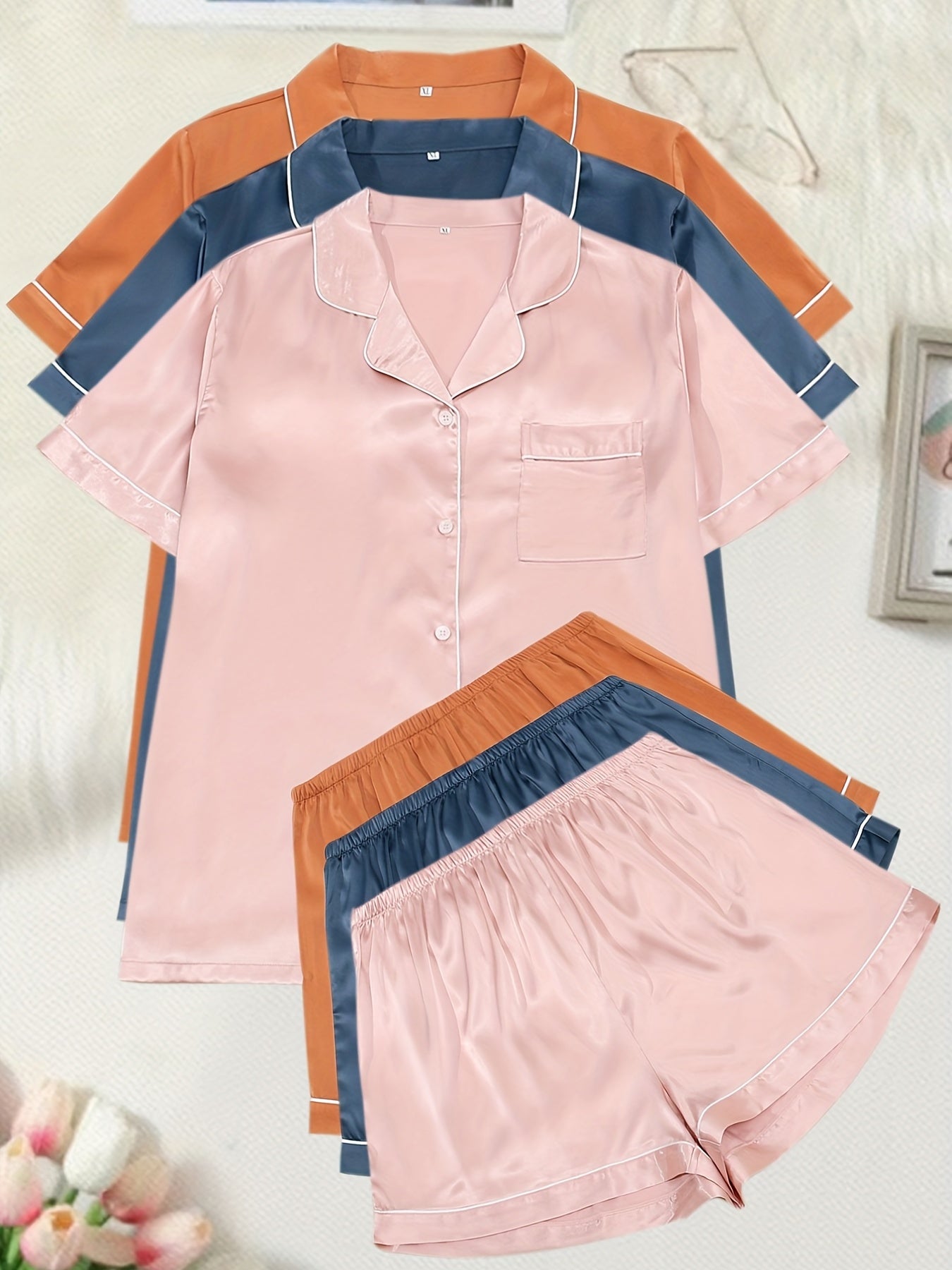 6 Pack Plus Size Pajama Set Women's Plus Short Sleeve Button Up Shirt & Shorts