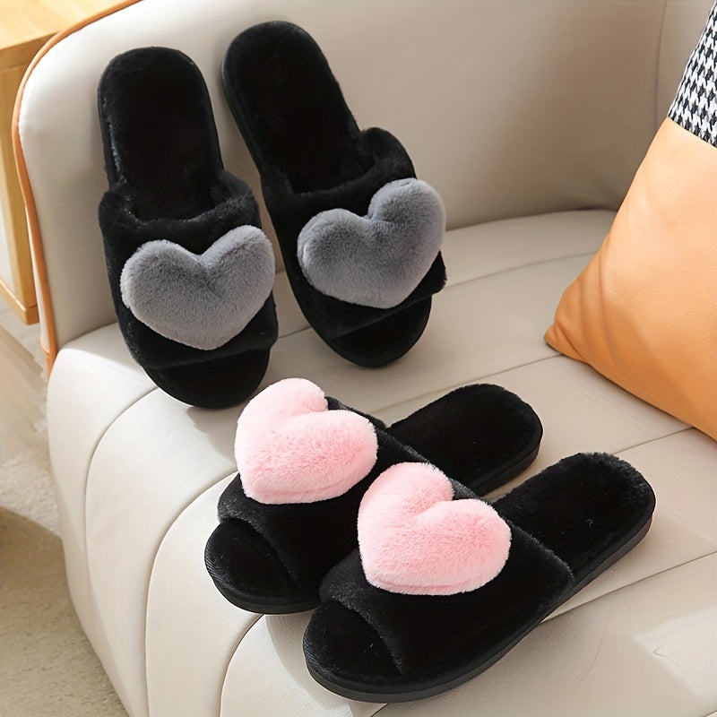 Plush Lined Heart Decor Slippers, Open Toe, Comfortable Indoor Shoes