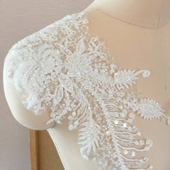 2pcs Flower Beaded Lace Rhinestone Applique Patches for Wedding Dresses