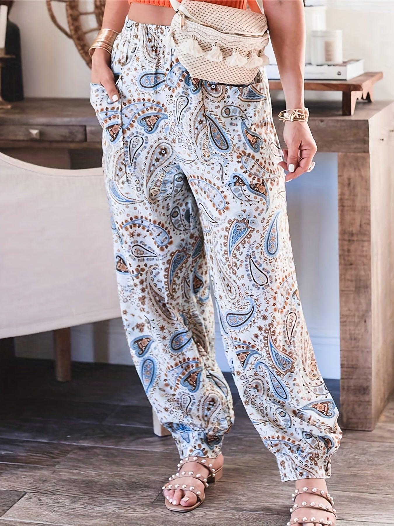 Boho Paisley Print Beach Pants Plus Size with Pockets