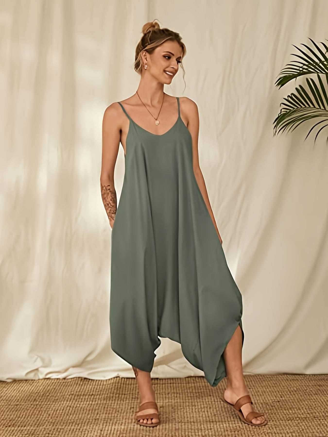 Boho Loose Solid Spaghetti Strap Jumpsuit Casual Sleeveless