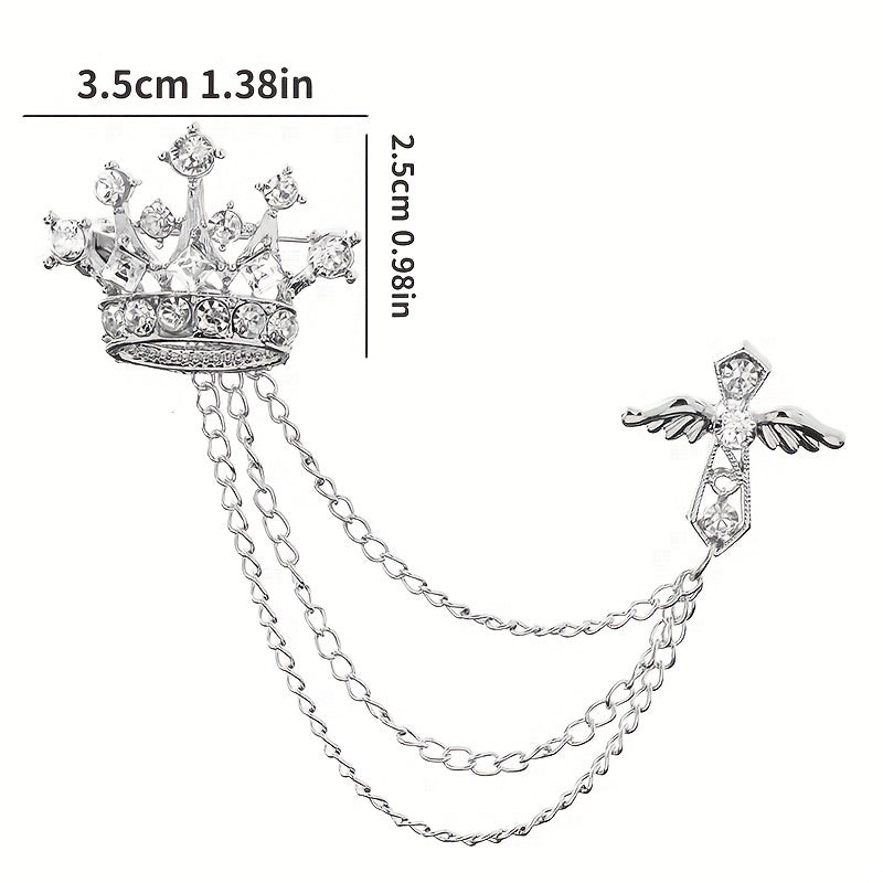 Men's Crystal Cross Crown Chain Tassel Brooch Pin