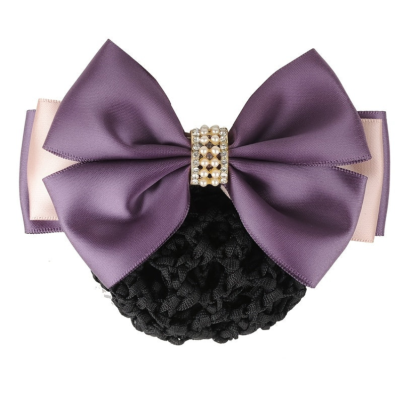 Women Hair Snood Net Rhinestone Bowknot Barrette Elastic Hair Bun Cover