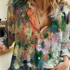  Allover Print Button Up Long Sleeve Blouse