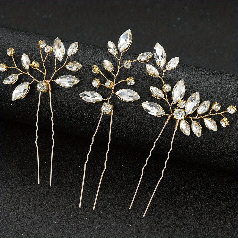 3pcs Crystal Rhinestone Hair Pins Bridal U Shaped Clips Wedding Accessories