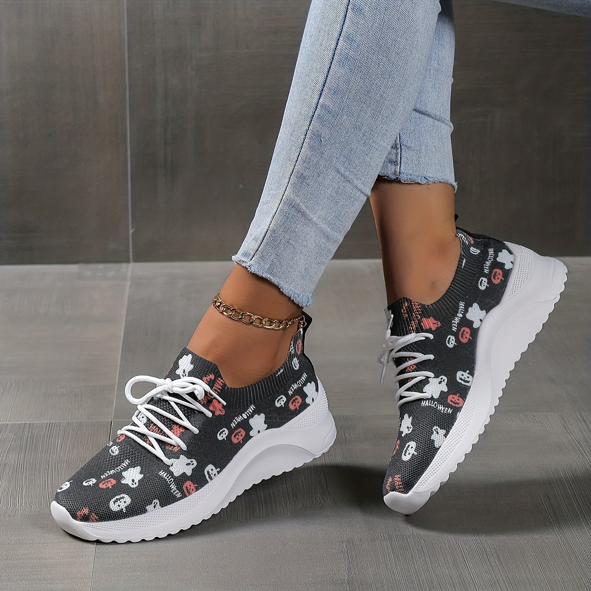 Halloween Pumpkin & Ghost Print Mesh Sneakers