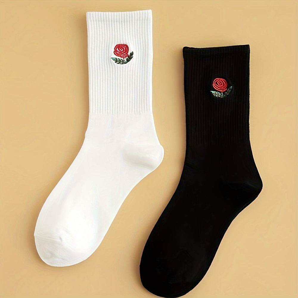 2 Pairs Floral Embroidery Socks Comfy & Breathable Mid Tube Women's Stockings
