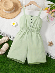 Girls Button Bow Cotton Cami Romper Jumpsuit