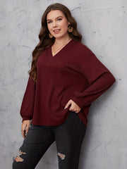  Casual Knit Top Solid Lantern Sleeve V Neck Knit Top