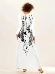 Feather Print V Neck Long Dress for Women