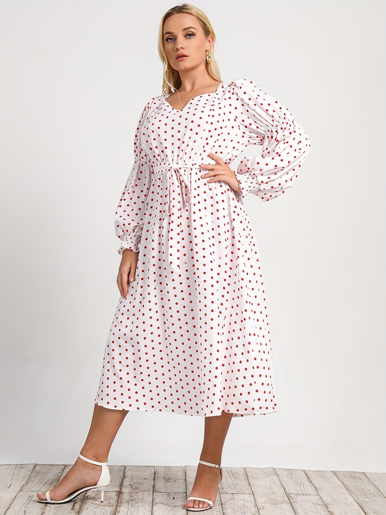  Boho Dress Polka Dot Sweetheart Neck Dress