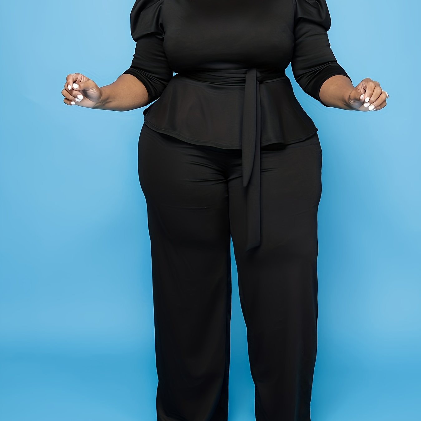 Women's Plus 3/4 Sleeve Peplum Zipper Tops Wide Leg Pant Outfits