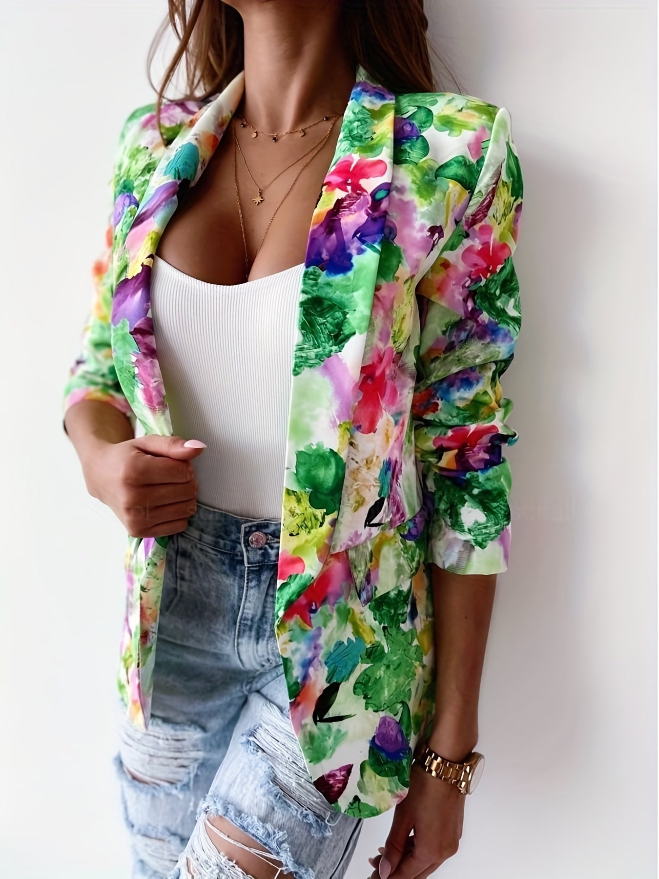  Tie Dye Long Sleeve Slim Fit Blazer With Pockets